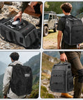 40L Outdoor Drone Backpack with DIY Partition in rugged outdoor setting, showcasing ample space for drones and cameras, ideal for adventure.