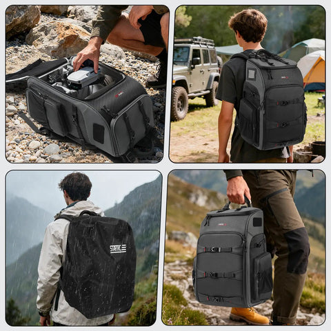 40L Outdoor Drone Backpack with DIY Partition in rugged outdoor setting, showcasing ample space for drones and cameras, ideal for adventure.