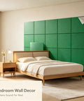 Peel And Stick Acoustic Wall Panels 12 Pack SoundProof Foam Tiles in green on bedroom wall for echo reduction.