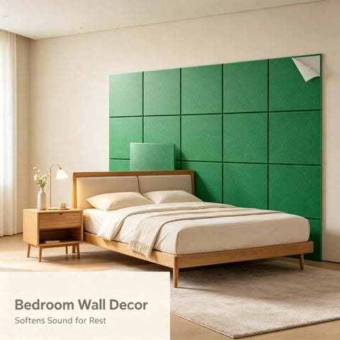 Peel And Stick Acoustic Wall Panels 12 Pack SoundProof Foam Tiles in green on bedroom wall for echo reduction.