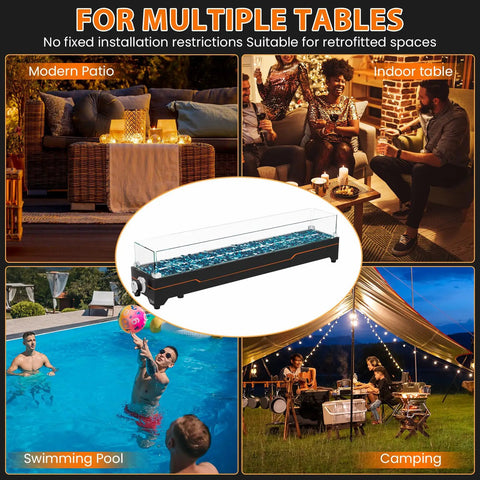 Collage of Tabletop Propane Fire Pit 50k BTU For Patio And Camping 36 Inch Long Fire Pit Table in various settings