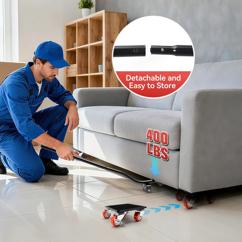 Man using Heavy Duty Industrial Furniture Movers With Wheels and Dolly Lifter Sliders Five Casters Cart for moving sofa