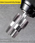 Close-up of PVC Pipe Threader Kit For Electric Drill With Multiple Die Sizes Internal Thread Maker Tool For One Half Inch And Three Quarter Inch Plastic Pipes Pro Grade Rethreading Tool For Water Pipes Durable Die Set For Clean Precise Threads connected to drill.