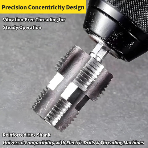 Close-up of PVC Pipe Threader Kit For Electric Drill With Multiple Die Sizes Internal Thread Maker Tool For One Half Inch And Three Quarter Inch Plastic Pipes Pro Grade Rethreading Tool For Water Pipes Durable Die Set For Clean Precise Threads connected to drill.