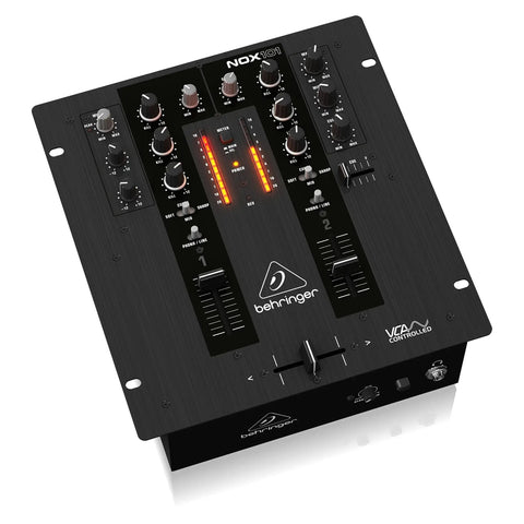 Nox101 Premium 2 Channel DJ Mixer With Full VCA Control And Ultraglide Crossfader, top view displaying knobs and sliders.