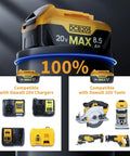 Heavy Duty 4 Pack 8.5Ah Replacement Battery Compatible With Dewalt 20V Max Power Tools, showcasing compatibility with chargers and tools.