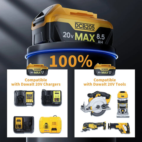 Heavy Duty 4 Pack 8.5Ah Replacement Battery Compatible With Dewalt 20V Max Power Tools, showcasing compatibility with chargers and tools.