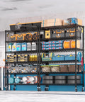 Six Tier Beefy Wire Shelving On Wheels For Garage Storage 36 Inch Wide By 18 Inch Deep By 78 Inch High Heavy Duty Steel Construction Holds Up To 1500 Lbs Total Capacity Per Shelf 250 Lbs Mobile Rack, loaded in garage
