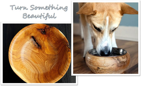 Wooden bowls turned with Carbide Wood Lathe Tools Kit For Easy Turning Hollower Rougher And Detailer. Dog using wooden bowl.