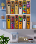 Airtight Food Storage Containers With Lids 24 Pack For Kitchen And Pantry Organization displayed on shelves, labeled with contents.