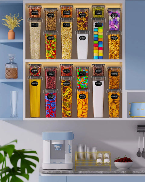 Airtight Food Storage Containers With Lids 24 Pack For Kitchen And Pantry Organization displayed on shelves, labeled with contents.