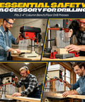 Heavy Duty Aluminum Drill Press Safety Guard Flip Up Shield for Bench Floor Machine, shown in workshop use with 2 to 4 inch column.