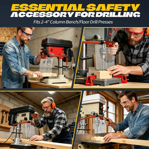 Heavy Duty Aluminum Drill Press Safety Guard Flip Up Shield for Bench Floor Machine, shown in workshop use with 2 to 4 inch column.