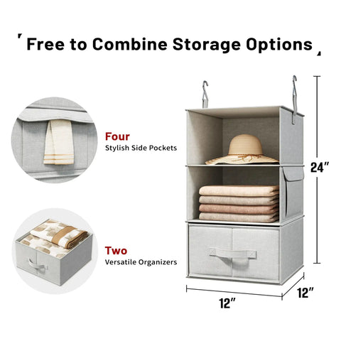 6 Shelf Hanging Closet Organizer With 3 Removable Fabric Drawers Space Saving Wardrobe Shelves showing size and design details