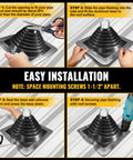Pro Grade Heavy Duty Four Inch Metal Roof Pipe Boot Featuring Flexible Silicone Flashing Base For Corrugated Steel Roofs Tough As Nails Black Leak Proof Seal installation steps including sealing and securing.