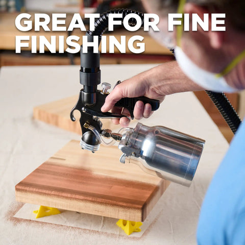 Stationary Hvlp Finishing Sprayer For Woodworkers Wanting Killer Results On Furniture Restoration Projects Using Pro Grade Metal Spray Gun For Super Smooth Ultra Fine Coating Every Time on wood surface.
