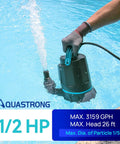 Heavy Duty 1/2 Hp Submersible Sump Pump Running Smooth As Silk Delivers Serious High Flow Drainage Moving Up To 3159 Gallons Per Hour To Conquer 26 Feet Vertical Lift in use with water outlet.