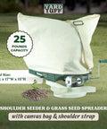 Shoulder Seeder And Grass Seed Spreader With 25 Pound Capacity All Metal Gears Durable Canvas Bag Adjustable Shoulder Strap Pro Grade Lawn And Garden Tool Green And White displayed on grass with capacity label.