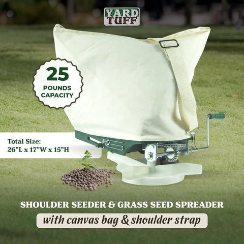 Shoulder Seeder And Grass Seed Spreader With 25 Pound Capacity All Metal Gears Durable Canvas Bag Adjustable Shoulder Strap Pro Grade Lawn And Garden Tool Green And White displayed on grass with capacity label.