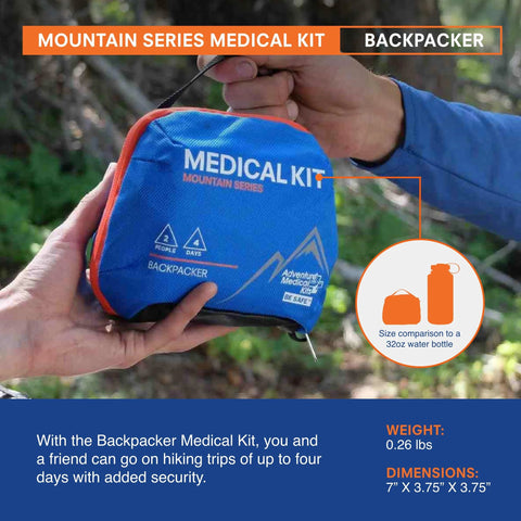 Front view of Adventure Medical Kits Mountain Series Backpacker Medical Kit, blue and orange, 96-piece