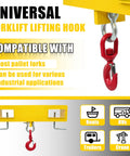 Heavy Duty Universal Forklift Lifting Hook Rated For 4800 Lb Loads showing yellow design and red safety hook, compatible with pallet forks.
