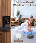 Keyless Entry Smart Door Lock With Keypad, Fingerprint Scanner, Auto Lock, and Smartphone Control, black finish, installed on a wooden door.