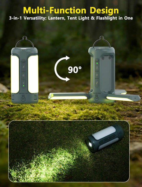 Rechargeable 3-In-1 Camping Lantern with Foldable Tent Light and Handheld Flashlight on green moss, showing dual function.