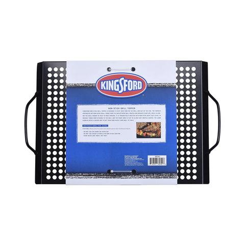 Nonstick Grill Topper Pan With Handles, Heavy Duty Carbon Steel BBQ Grilling Tray packaging, perforated surface, 15.55 x 11.05 inch