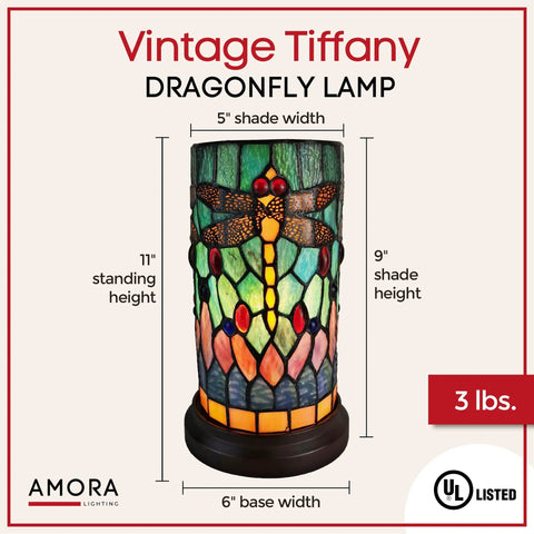 Vintage Tiffany Dragonfly Desk Lamp 11 Inch With Mosaic Glass Shade Small Accent Table Light Handmade Look UL Listed Home Decor For A Cozy Glow And Classic Vibe In Any Living Room Or Home Office