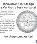 All-In-One Angle And Circle Maker With Integrated Circle Templates And 360 Degree Rotation, 6 Inch And 15 Cm Size, Beveled Edges, Slot Guides, Inside Rotating Disk, Assorted Colors, Protractor And Compass Hybrid Tool, white