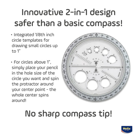 All-In-One Angle And Circle Maker With Integrated Circle Templates And 360 Degree Rotation, 6 Inch And 15 Cm Size, Beveled Edges, Slot Guides, Inside Rotating Disk, Assorted Colors, Protractor And Compass Hybrid Tool, white