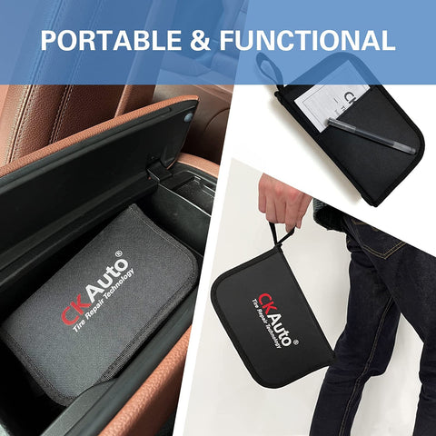 Portable bag for Universal Tire Repair Kit For Cars Trucks Motorcycles And RVs Heavy Duty Roadside Ready Patch Kit With 36 Pcs Included.