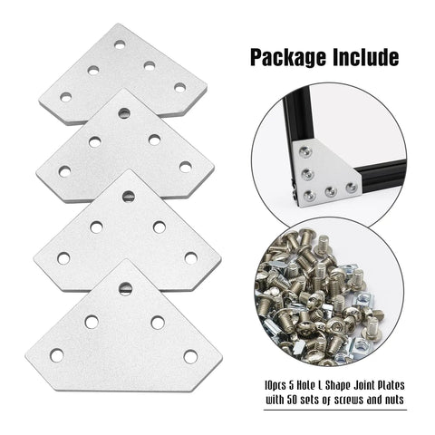 Sturdy Built To Last 2020 Aluminum Extrusion Connector Set With 5 Hole T Shape Joint Plates M5 Nuts And Screws Wrench Included For 2020 Series Aluminum Profile DIY 3D Printer Frame Build, 10pcs plates and hardware