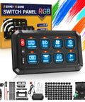 8 Gang RGB Wireless Switch Panel With Auto Dimming And Memory On Off Push Button Car LED Touch Switch Box For Trucks SUVs ATVs UTVs Boats And Marine Use with packaging and accessories displayed.