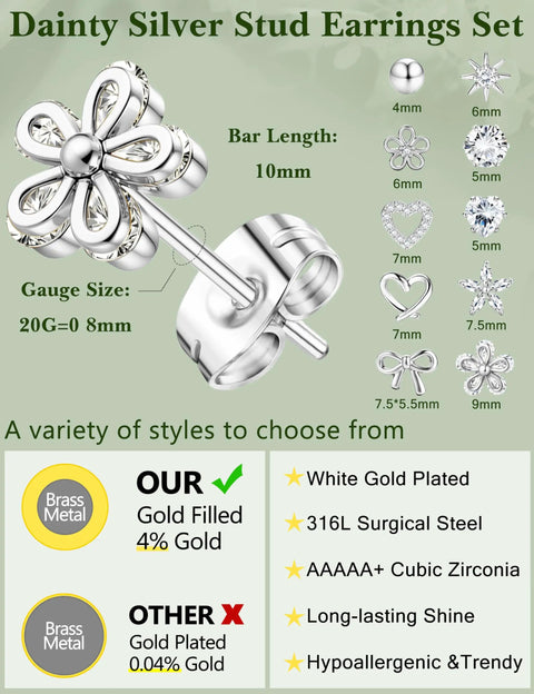 All In One Silver Stud Earrings Set for Women, Hypoallergenic Surgical Steel, Sensitive Ears, 10 Pairs of Heart, Flower, Bow, Sun Styles, Dainty Jewelry Gift Set with 4-9mm studs