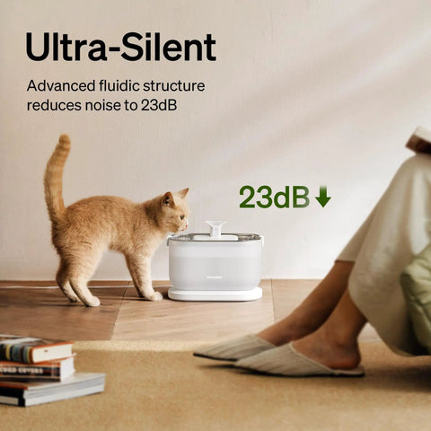 Cat using No Fuss Cat Water Fountain With Stainless Steel Tray, Wireless Pump, Dual Flow, 2.5L Automatic Dispenser, quiet 23dB