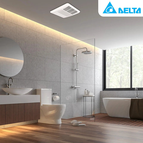 Bathroom with installed Bathroom Exhaust Fan With Light, Heater And Thermostat, Radiance 80 CFM White, above shower area.
