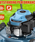 20 Inch Gas Powered Lawn Mower With 144cc 4 Cycle Engine Walk Behind Push Mower No Hassle Start Lightweight Build 3 Position Cutting Height Durable Deck Beast For Quick Home Yard Mowing engine close-up with 144cc 4-cycle design