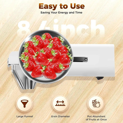 Premium 450W Electric Tomato Strainer Commercial Sauce Maker with large funnel holding fresh strawberries.