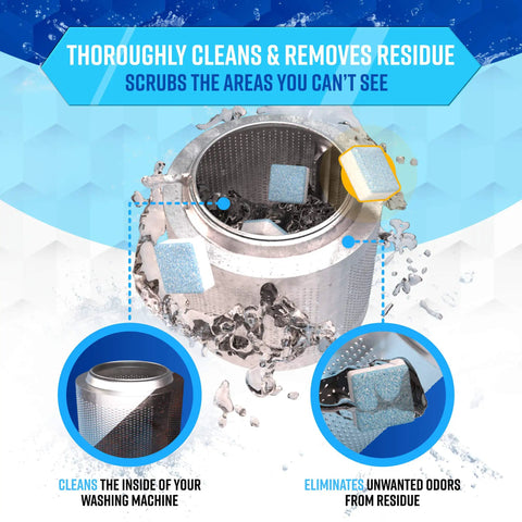 Powerful Washing Machine Cleaner And Descaler Tablets 24 Pack dissolving in washer drum, showcasing deep cleaning action.