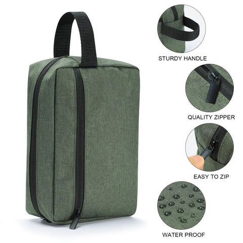 Mens Toiletry Bag For Travel And Grooming, Compact Portable Organizer Kit For Shaving And Skincare Essentials, Army Green Travel Pouch with sturdy handle and quality zippers.