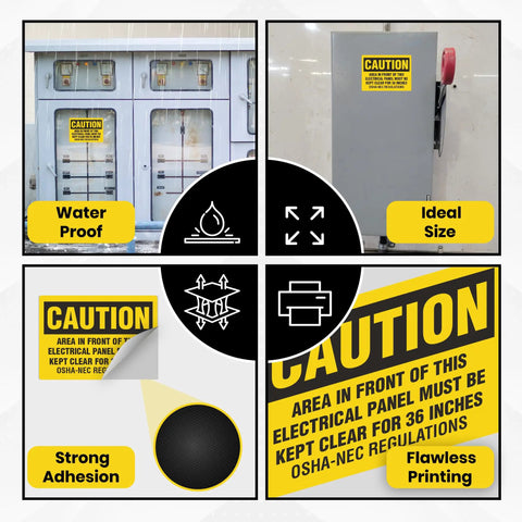 Thirty Six Inch Caution Stickers Pack Of Ten Seven By Five Inch Electrical Panel Clearance Signs on utility panel outdoors.
