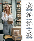 Woman with box next to product packaging showing Self Seal Bubble Pouches 7.5x8 Inch 50 Pack Cushioning Bags For Moving And Shipping Fragile Items