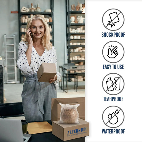 Woman with box next to product packaging showing Self Seal Bubble Pouches 7.5x8 Inch 50 Pack Cushioning Bags For Moving And Shipping Fragile Items