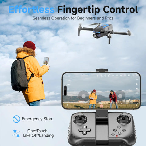 Person controlling 4K Camera Drone For Adults And Teens, FPV Foldable Quadcopter with phone app and remote, brushless, outdoors