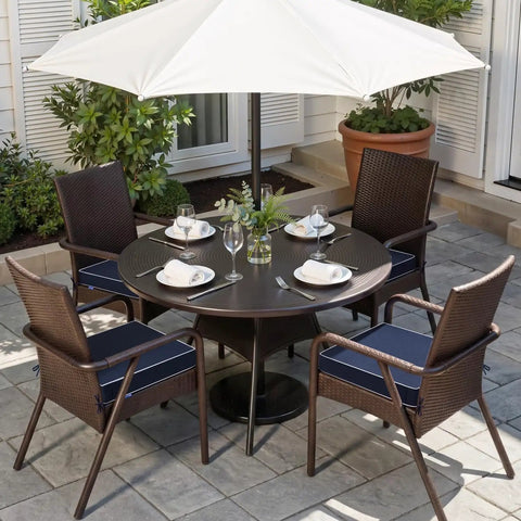 Navy Outdoor Chair Cushions Set Of 4, 18.5x16x3 Inches on patio furniture with white umbrella, waterproof and fade resistant.