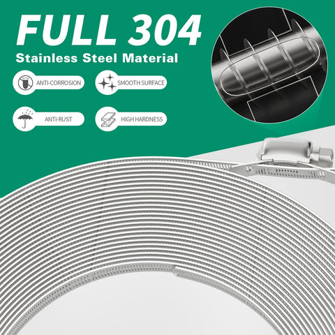 Front view of a coil of 304 stainless steel hose clamps; adjustable worm-gear clamps for pipes and ducts