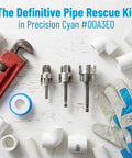 Complete 3Pc Pvc Pipe Threading Tool Kit For 1/2, 3/4, And 1 Inch Pipes, featuring threading tools, PVC fittings, and wrench.