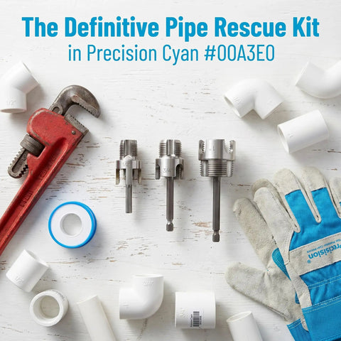 Complete 3Pc Pvc Pipe Threading Tool Kit For 1/2, 3/4, And 1 Inch Pipes, featuring threading tools, PVC fittings, and wrench.