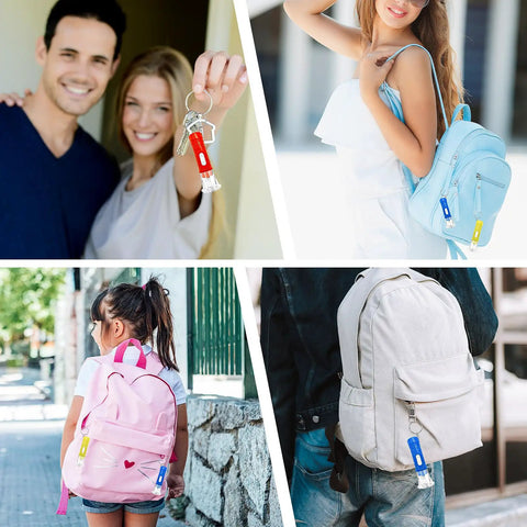 People using Pocket Sized LED Flashlights Pack Of 50 Ultra Compact 2.55 Inch Plastic Lights for backpacks and keys.